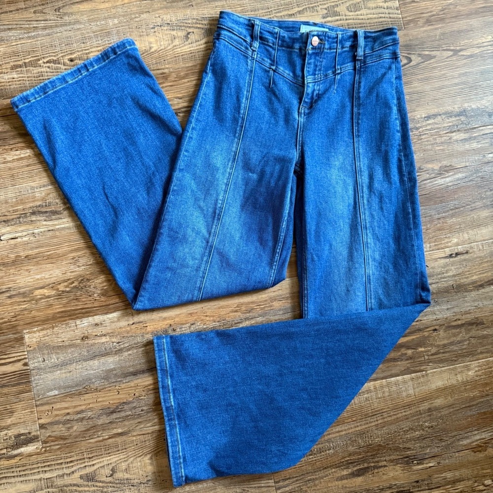 Risen Jeans FLARE Wide Leg Pants Womens 7/28 High Rise Front Seam Denim Boho - Picture 1 of 13
